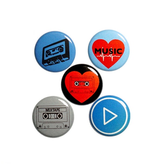 Cassette Tape Pin for Backpack 5 Pack Buttons or Fridge Magnets, Lapel Pins or Magnets, Music Lover, Musician Gift Set 1" P12-5