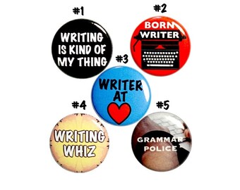 Writer Pin for Backpack or Author Gift Set, Writing Buttons, Pins for Jacket, Lapel Pins, 5 Pack, Gift for Editor, Writer Gift Set 1" P45-4