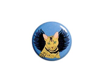 Cat With Black Angel Wings Refrigerator Magnet Or Pin Button Cute Round 1 Inch Small 44-3