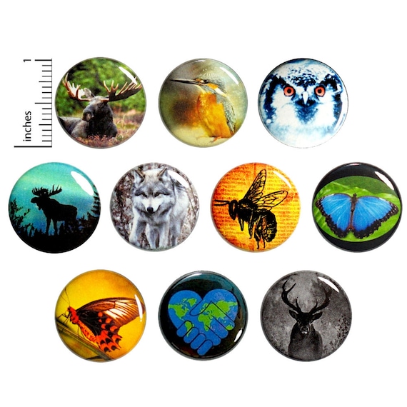 Wildlife Buttons (10 Pack) Nature Conservation, Moose, Butterfly, Snow Owl, Wolf, Save The Planet, Pins or Magnets, Gift Set, 1" 10P15-1
