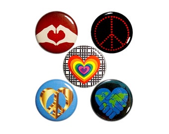 Peace and Love Pin for Backpack Set, No War Buttons, 5 Pack of Pins, Peace Love Buttons or Magnets, Lapel Pins, Pacifist Gift Set 1" P57-2