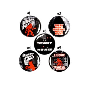 Vintage Horror Movies Buttons 5 Pack of Backpack Pins I Love Scary Movies Lapel Pins Slasher Film Fan Gift Set Lot of 5 Jacket Pins 1" SP5-2