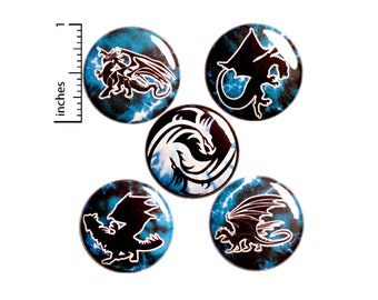 Dragon Pin for Backpack or Fridge Magnets, Buttons Pins for Jackets, Lapel Pins, Cool Badges, Blue, Black, White, 5 Pack Gift Set 1" P44-3