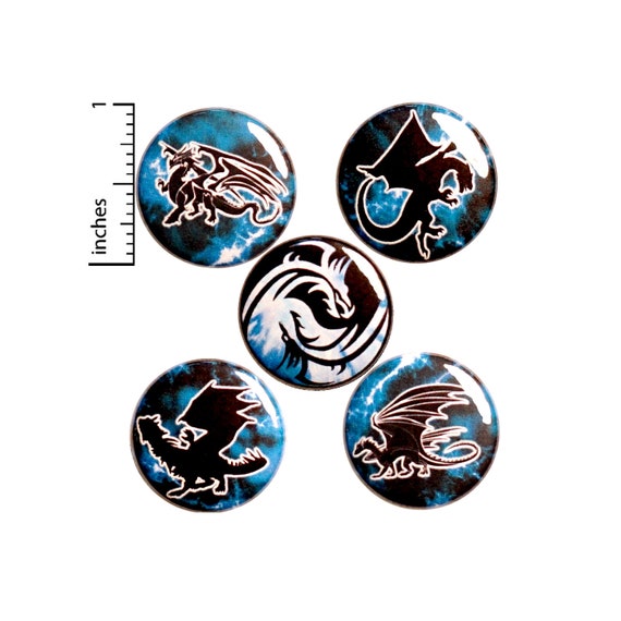 Dragon Pin for Backpack or Fridge Magnets, Buttons Pins for Jackets, Lapel Pins, Cool Badges, Blue, Black, White, 5 Pack Gift Set 1" P44-3