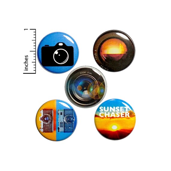 Photography Gifts, Buttons or Fridge Magnets, 5 Pack of Backpack Pins, Lapel Pins, Sunset Pins, Cool Pins, Photographer Gift Set 1" #P9-5