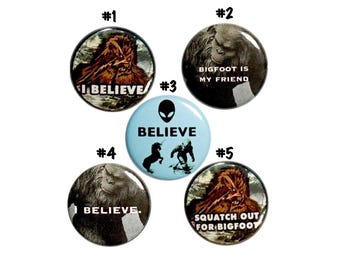 Bigfoot Buttons, Sasquatch Backpack Pins, Yeti Buttons, Funny Weird Pin Buttons, Bigfoot Gifts, Button 5 Pack, Gift Set 1" P16-5
