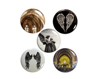 Gothic Style Buttons - 5 Pack of Pins for Backpacks - Gothic Architecture Heart Wings - Angel Statues - Pin-back Buttons - Gift Set 1" P58-3