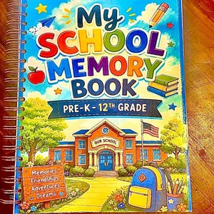 May include: A spiral-bound school memory book with a blue sky background featuring the text My School Memory Book Pre-K-12th Grade. The cover illustration shows a school building, a backpack, a pencil, an apple, and a sign with the words Memories, Friendships, Adventures, Dreams.