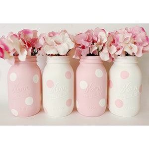 Pink Mason Jars, Polka Dot Mason Jars, Pink Centerpieces, Polka Dot Centerpieces, It’s A Girl, Babyshower Decor, Babyshower Ideas