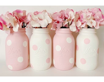 Pink Mason Jars, Polka Dot Mason Jars, Pink Centerpieces, Polka Dot Centerpieces, It’s A Girl, Babyshower Decor, Babyshower Ideas