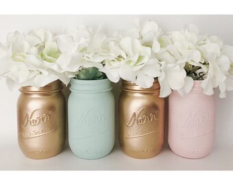 Pink Mason Jars, Mint Centerpieces, Babyshower Decor, Gold Mason Jars, Pink and Mint, Pink and Gold, Babyshower Ideas