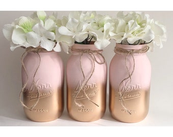 Pink and Gold Mason Jars, Baby Shower Mason Jars Centerpieces, Pink and Gold, Gold First Birthday, Wedding Centerpieces