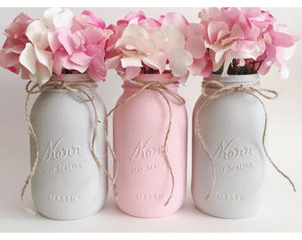 Pink Mason Jars, Pink and Gray, Babyshower Decor