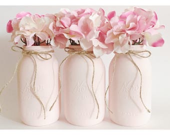 Pink Mason Jars - Pale Pink Centerpieces - Babyshower Decor - Mason Jar Decor - Mason Jar Centerpieces