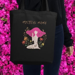 Enchanted Garden Blossoms Divine Feminine Tote Bag, Mystical Mama Black Eco Tote Bag, Feminine Floral Organic Cotton Reusable Grocery Bag