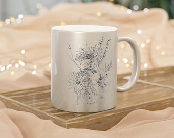 Vase of Flowers Line Drawing Metallic Mug (Silver / Gold) - Floral Still Life on Coffee or Tea Mug - Sparkly Christmas Present