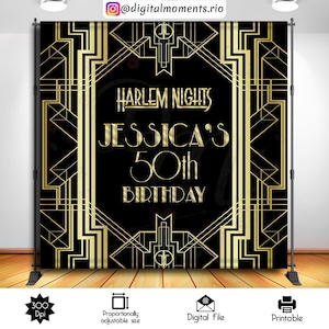 Puede incluir: Un telón de fondo de estilo art déco negro y dorado con el texto "Harlem Nights Jessica's 50th Birthday".