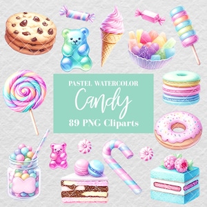 Op de afbeelding: Een set van 89 pastelkleurige aquarel snoep clip art afbeeldingen. De afbeeldingen omvatten een chocolade chip cookie, een gummy bear, een ijshoorn, snoep, een lolly, een donut, een taart, macarons en een snoepstok.
