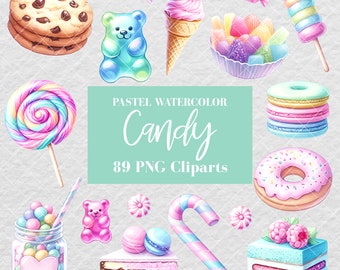 May include: A set of 89 pastel watercolor candy clip art images. The images include a chocolate chip cookie, gummy bear, ice cream cone, candy, lollipop, donut, cake, macarons, and a candy cane.