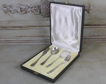 Service à hors d'oeuvres anciens en métal argenté, couverts, couverts anciens, coffret, Art déco, cadeau de mariage chic