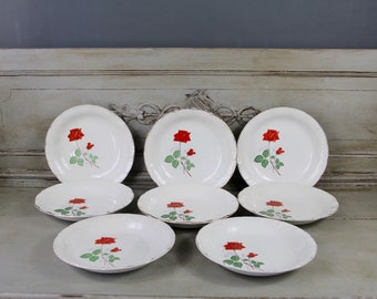 Set of 8 Vintage French Transferware bowls, Shabby Chic Roses, Floral Bowls, Sarreguemines Digoin
