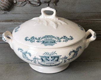 Antique French Green/White Ironstone Bowl, Shabby Chic Earthenware Tureen, Longchamp 1900's, Farmhouse Kitchen   M1320