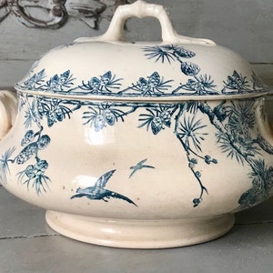 Antique 1800's French Ironstone Tureen in a gorgeous Teal Blue, Pheasants and Pine Cones, French Brocante, Home Decor    M1736