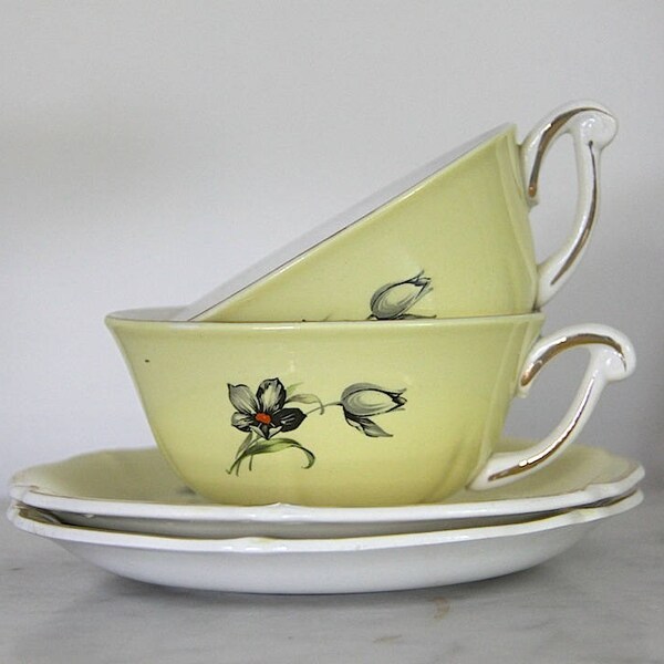 Antique French Cups and Saucers, Coffee Set, St Amand,  Yellow with Black Flowers, Shabby Chic