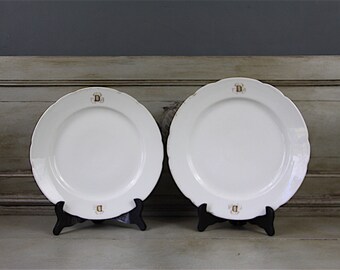 Antique French Monogrammed Serving Plates, Set of 2 Ceramic Shabby Chic Plates