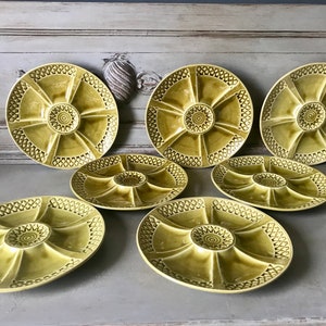 Platos de ostras antiguos franceses, Sarreguemines de 1910, plato de mariscos, piedra de hierro, servicio de cena, vajilla, brocante francés M1647-53
