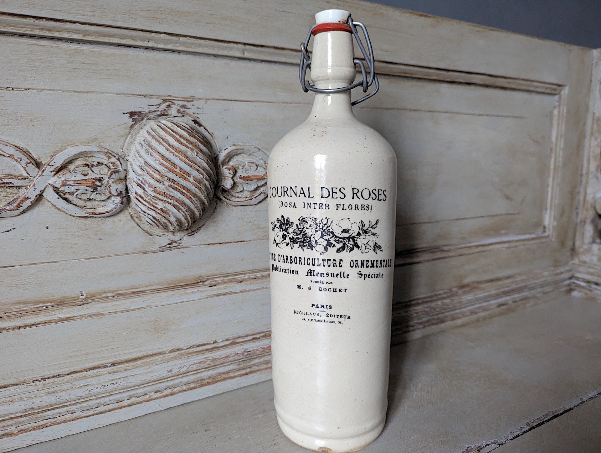 Vintage French Grey Stoneware Bottle, Journal des Roses, Floral, Farmhouse Cottage Decor, Rustic Decor, Home Decor, French Brocante  M1945