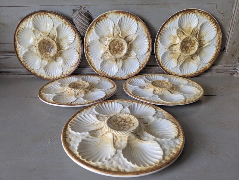 French Vintage Oyster Plate, Made by Chantilly/Longchamp, Hand Painted Mid-Century Plates, Seafood Platters, Dinner Service M2002-2007