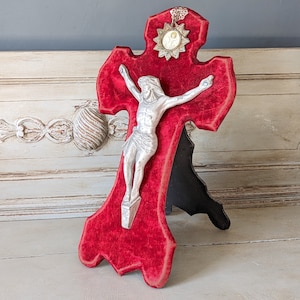 Gorgeous LARGE French Vintage Velvet Crucifix, Large Red Velvet Cross, Religious, Jesus, Church, Christian, Catholic, ex-Voto   M1951