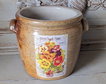 French Beige/Brown Stoneware Pot, Antique Confit Pot, Utensil Storage, Farmhouse Decor, Rustic, Kitchen Storage, Brocante  M2076