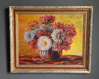 小さなヴィンテージ手描きの絵画、木製のボード上の花瓶に入った