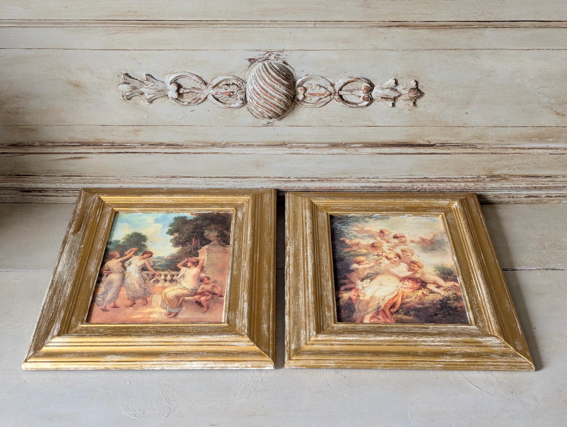 フランスのヴィンテージ絵画2点セット、天使、女性、子供、フランス