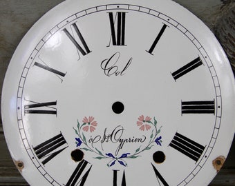 Vintage French Enamel Clock Face with Numbers, Floral decoration.