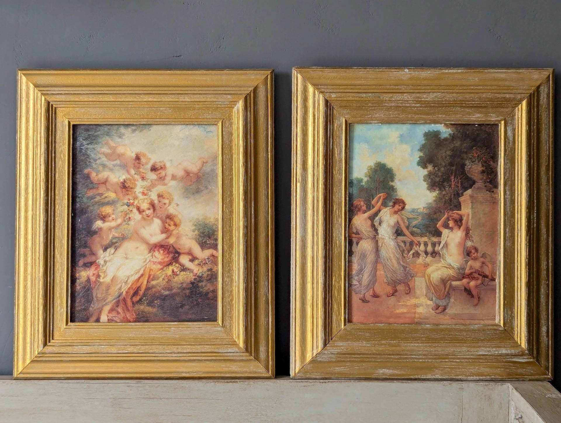 Pair of Small French Vintage Pictures, Cherubs, Women and Children,  French Art  M2266