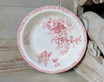Antique early 1900's French Ironstone Serving bowl, Red Flowers, Red Floral Bowl, Fontagnes, Dinner service, Tableware, Brocante  M2437