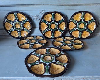 French Vintage Oyster Plates, St Jean de Bretagne, Hand Painted, Seafood plate, Dinner plate, Tableware  M2386-91