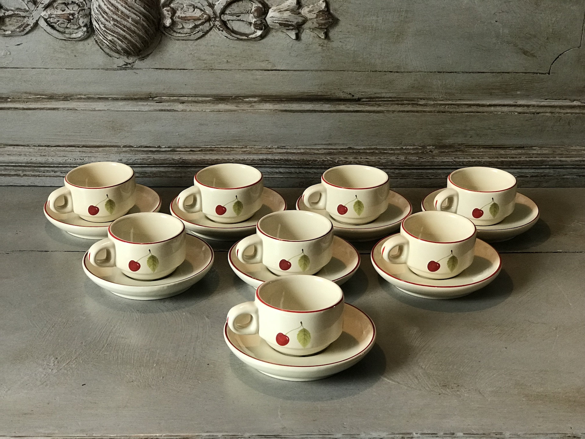 Coffee Set Vintage French Cups and Saucers with Serving Platter French Brocante   M1709 Cherry Decor Set of 6 Expresso