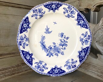 French Antique White Ironstone Round Platter with Birds, Flowers and Insects Blue Decor, GIEN, Shabby Chic, Display     M1264
