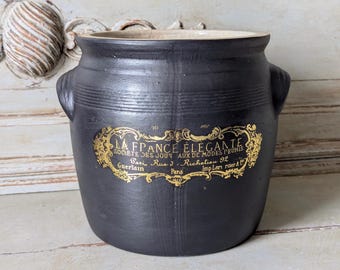 Vintage French Stoneware Pot, Confit Pot, Utensil Storage, Planter, Vase, Black and Gold, Home decor, Kitchen Storage  M2499