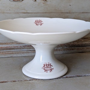 French 1950&#39;s Vintage Monogrammed Porcelain Fruit Bowl, Cake Stand, Footed Bowl, White, Limoges, French Brocante    M2054-57