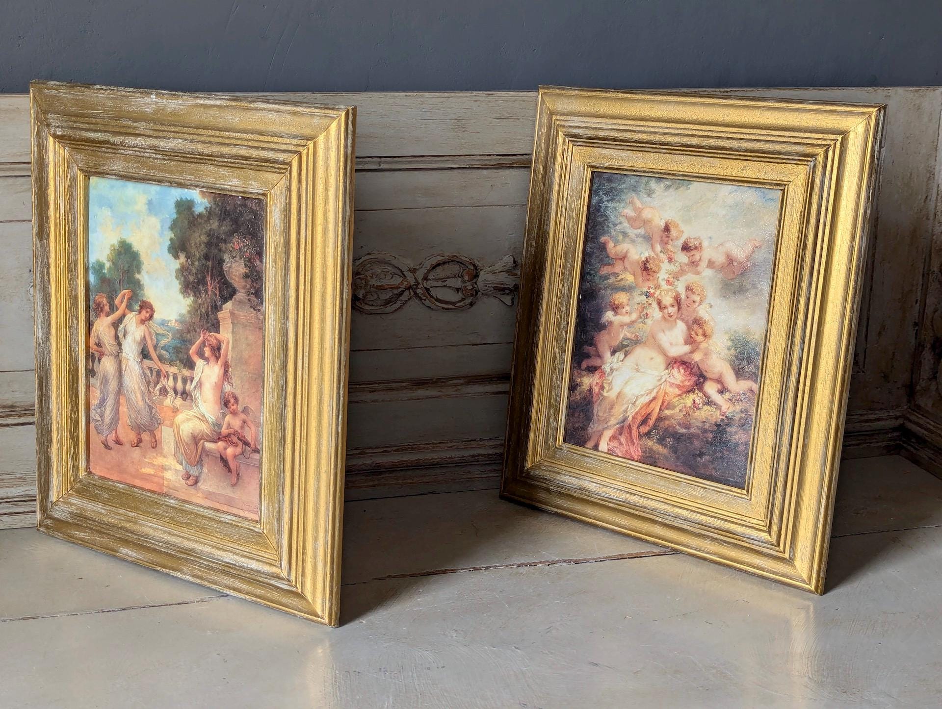 フランスのヴィンテージ絵画2点セット、天使、女性、子供、フランス