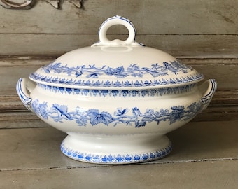 Antique 1800's Tureen, Lidded Bowl in Blue, Flowers, Geraniums, Floral, Societe Ceramique Maestricht    M1372