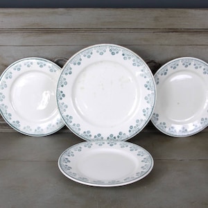 Antique French White and Teal Green Ironstone Plates and Platter, Shabby Chic Sarreguemines Digoin Plates, Farmhouse Kitchen, Set of 4