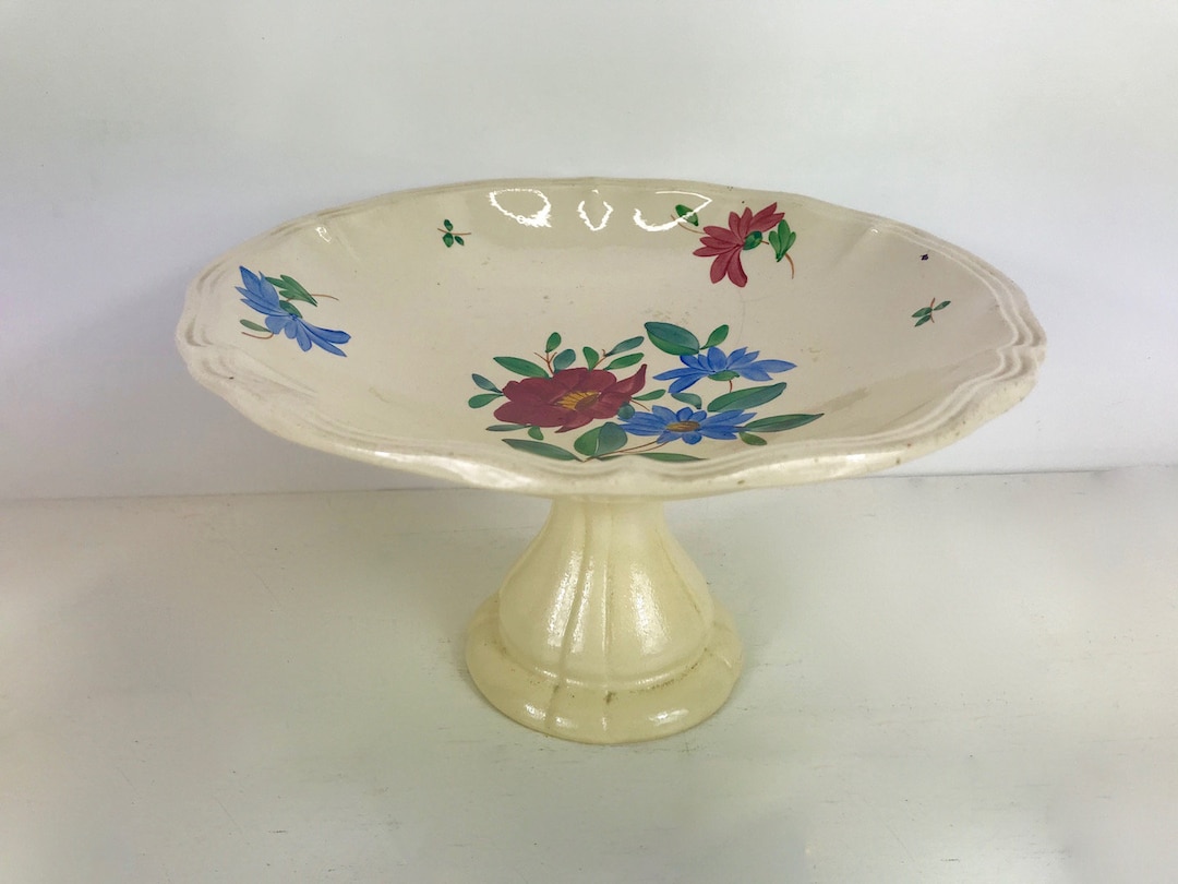 French Mid-century Hand Painted Cake Stand, Vintage Floral Cake Plate ...