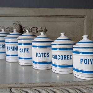 6 Antique Enamel Nesting Canisters, Blue and White kitchen storage tins, Enamel Pots, Utensil Holder, Set of 6, French Brocante   M1541