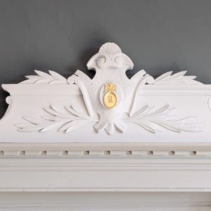 Antique French Wooden Pediment in Grey with Gold metal leaf highlights, Architectural Salvage, Renovation, Above Door and Bed decor   M2526